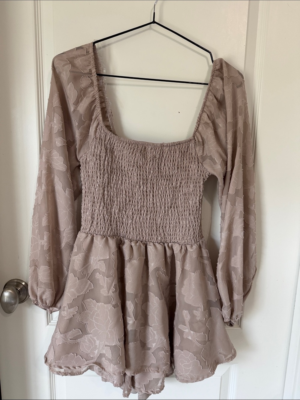 Smocked Square-Neck Long Sleeve romper- Taupe